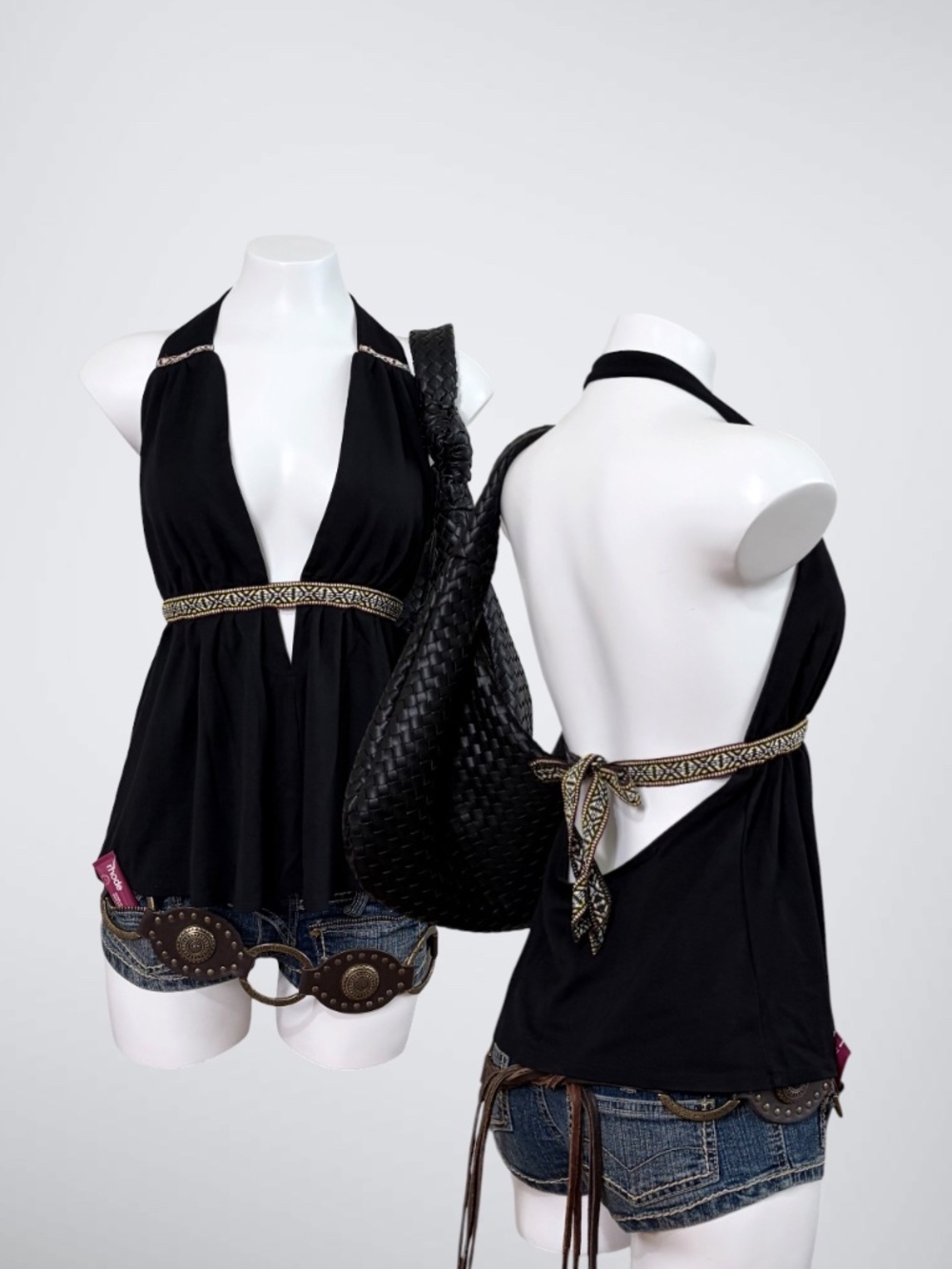Ecote Plunging V-Neck Open Back Boho Halter Top